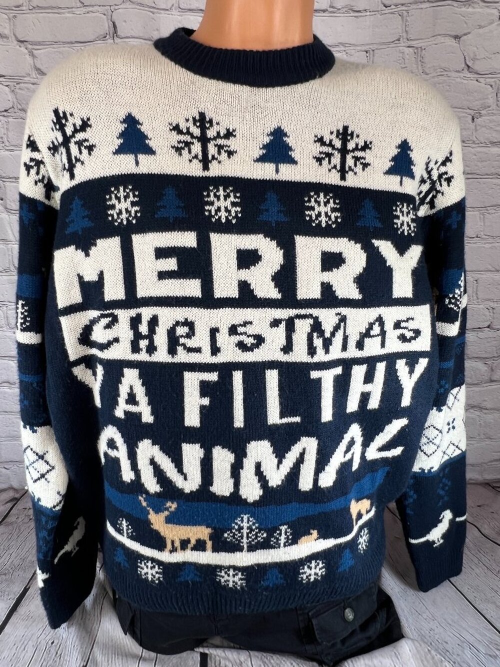 You Look Ugly Today Merry Christmas Ya Filthy Animal Sweater Blue Men's Large